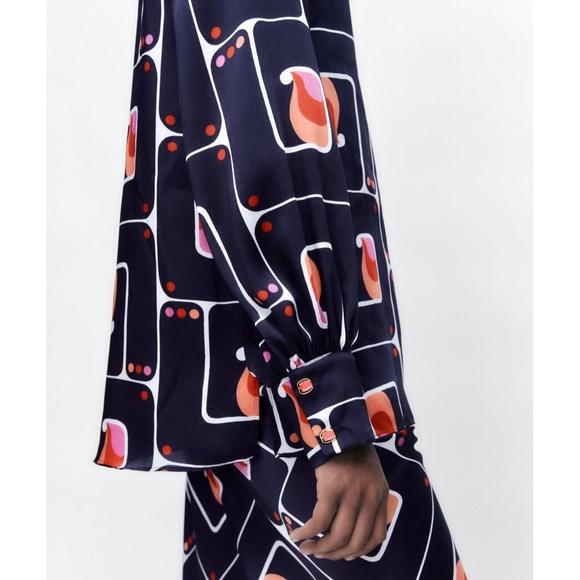 Zara | Retro Geo High Collar Mock Neck Long Sleeve Printed Charmeuse Blouse - Picture 3 of 16